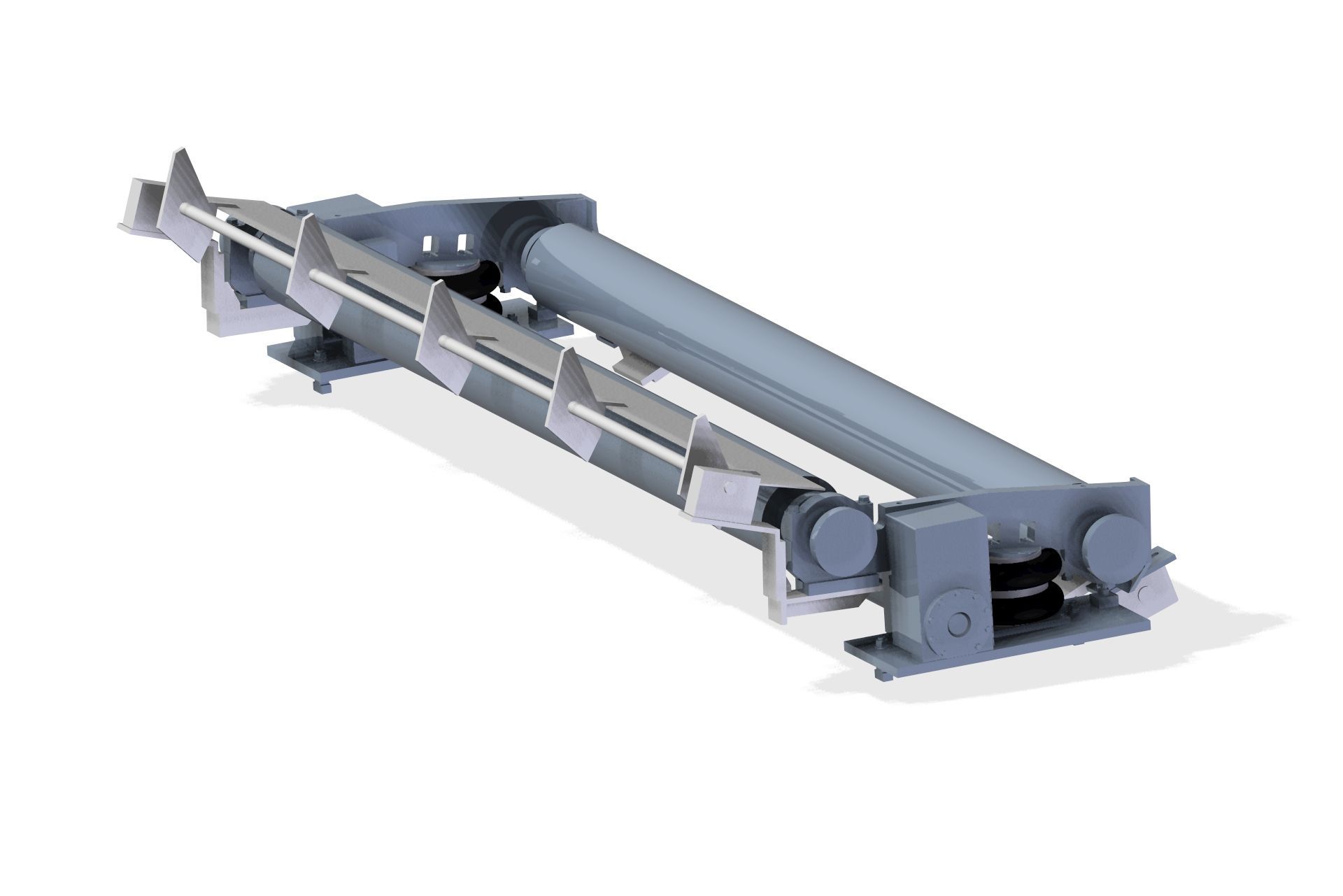 Un modelo 3D de una cinta transportadora sobre un fondo blanco.