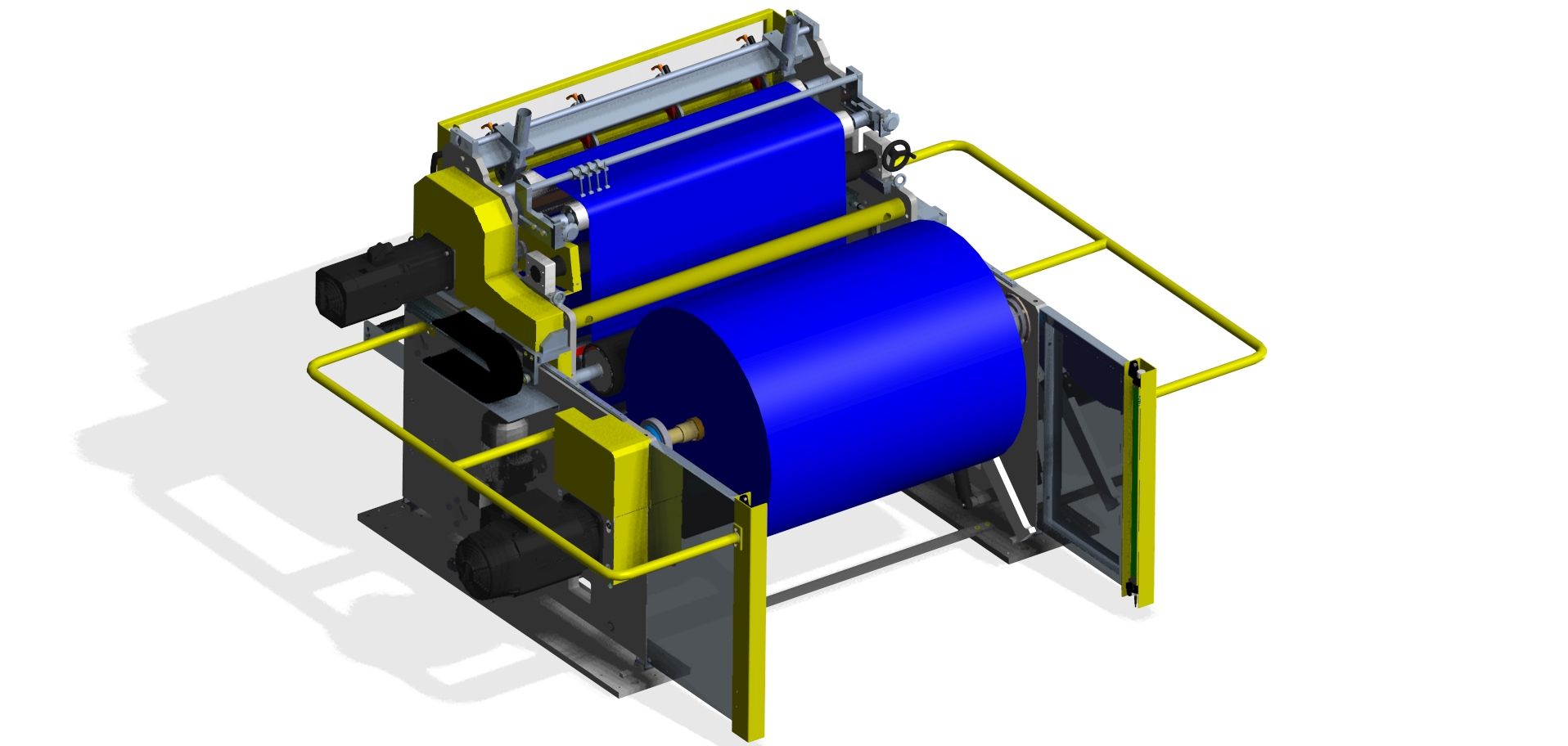 Un modelo 3D de una máquina con un rodillo azul encima.