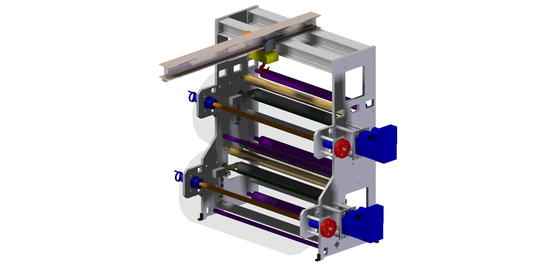 Un modelo 3D de una máquina con una cinta transportadora acoplada a ella.