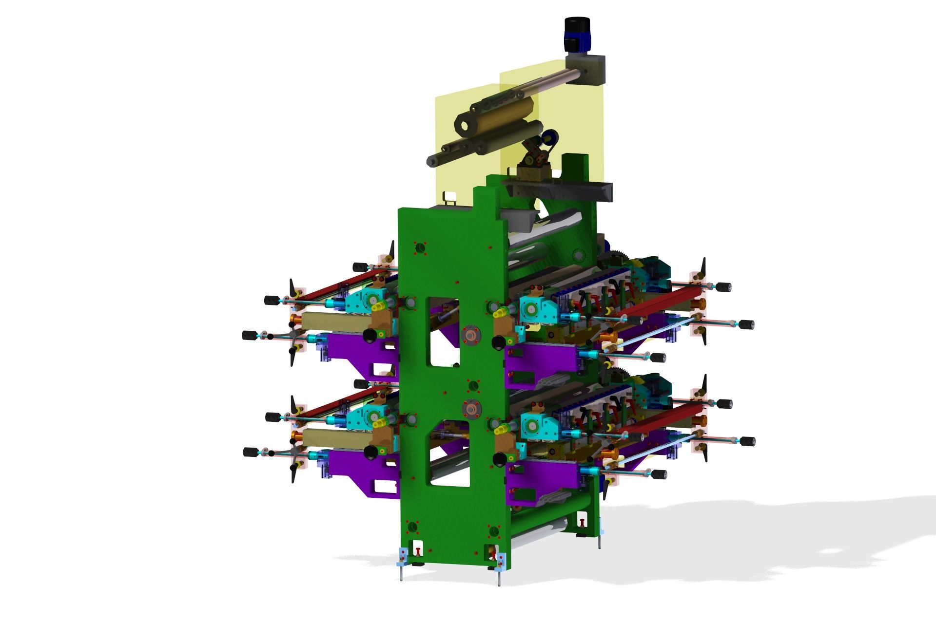 Una imagen generada por computadora de una máquina verde y violeta sobre un fondo blanco.