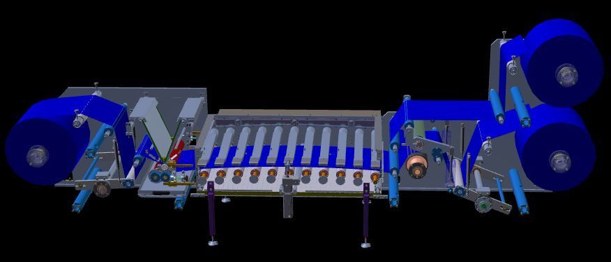 Una imagen generada por computadora de una máquina con rollos azules sobre un fondo negro.