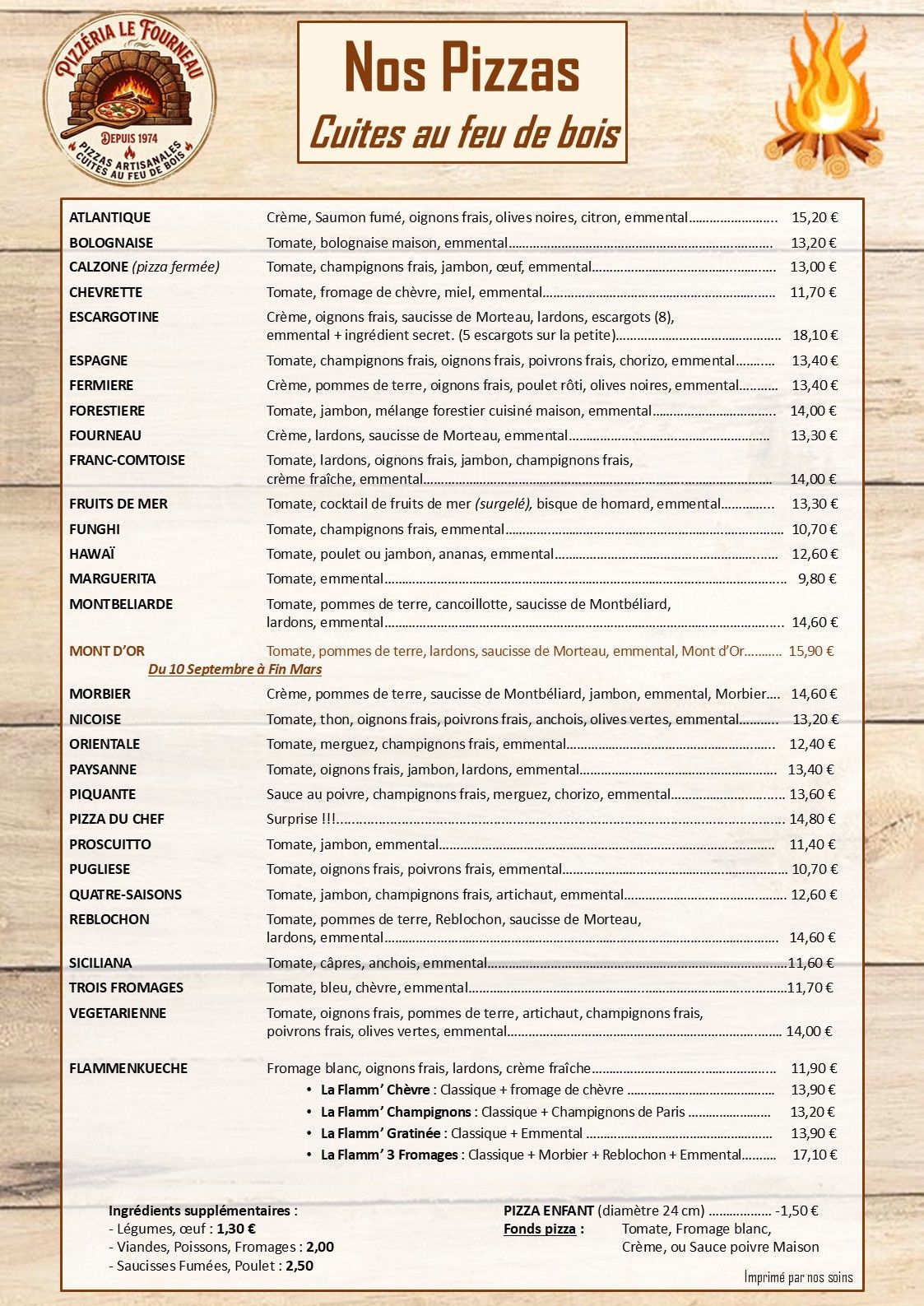 Carte de pizzas d'un restaurant français sur une feuille beige parcheminée avec des accents rouges et bruns