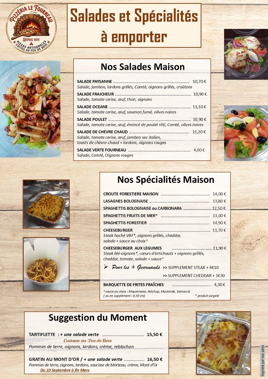 Tableau de menu d'un restaurant français présentant salades et spécialités, avec photos des plats et leurs prix.