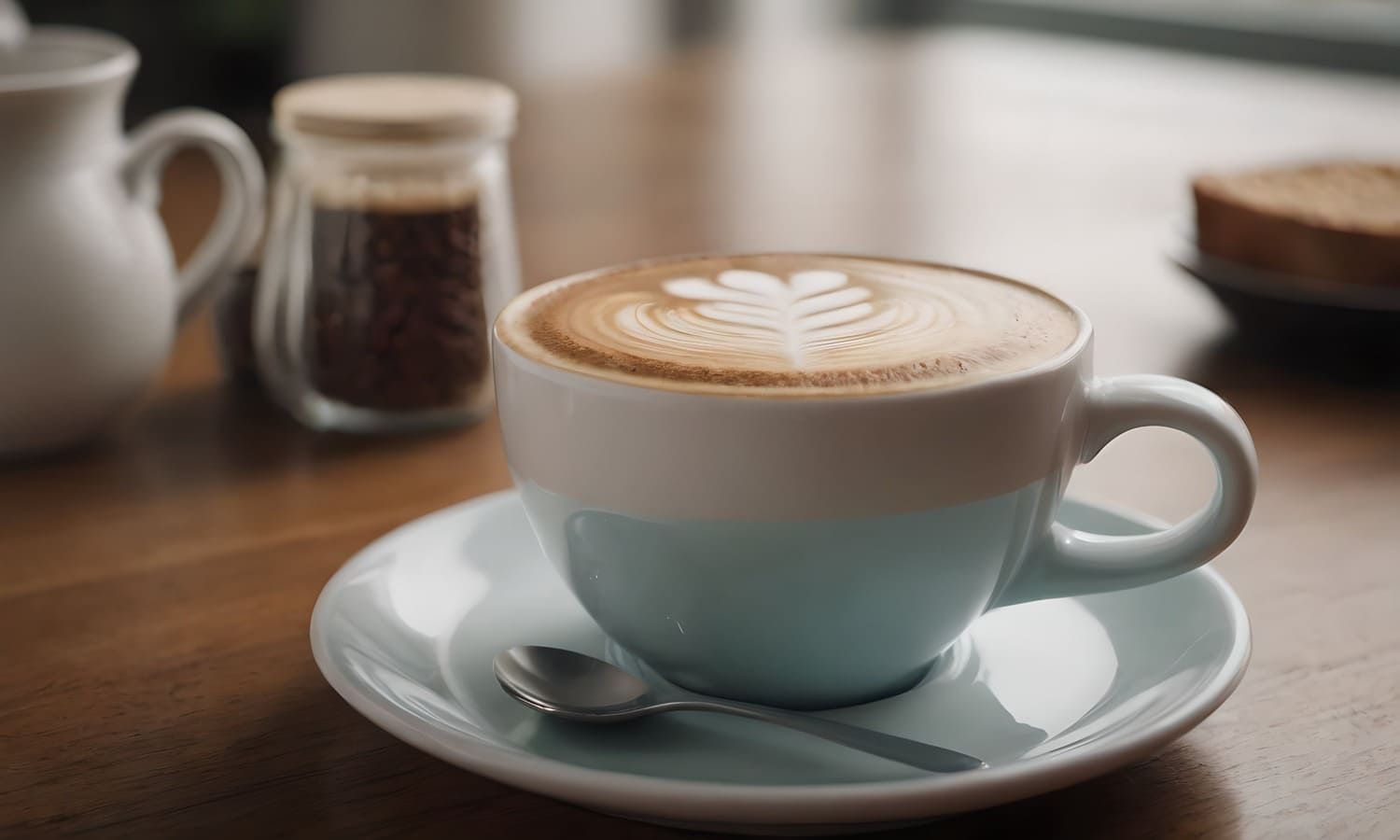 Una taza de capuchino en un platillo con una cuchara sobre una mesa de madera.