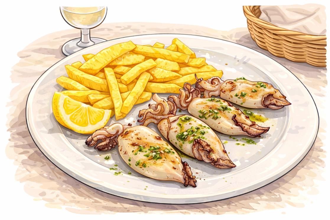 Un plato de calamares a la plancha con patatas fritas y una rodaja de limón, acompañado de vino y una cesta de pan.