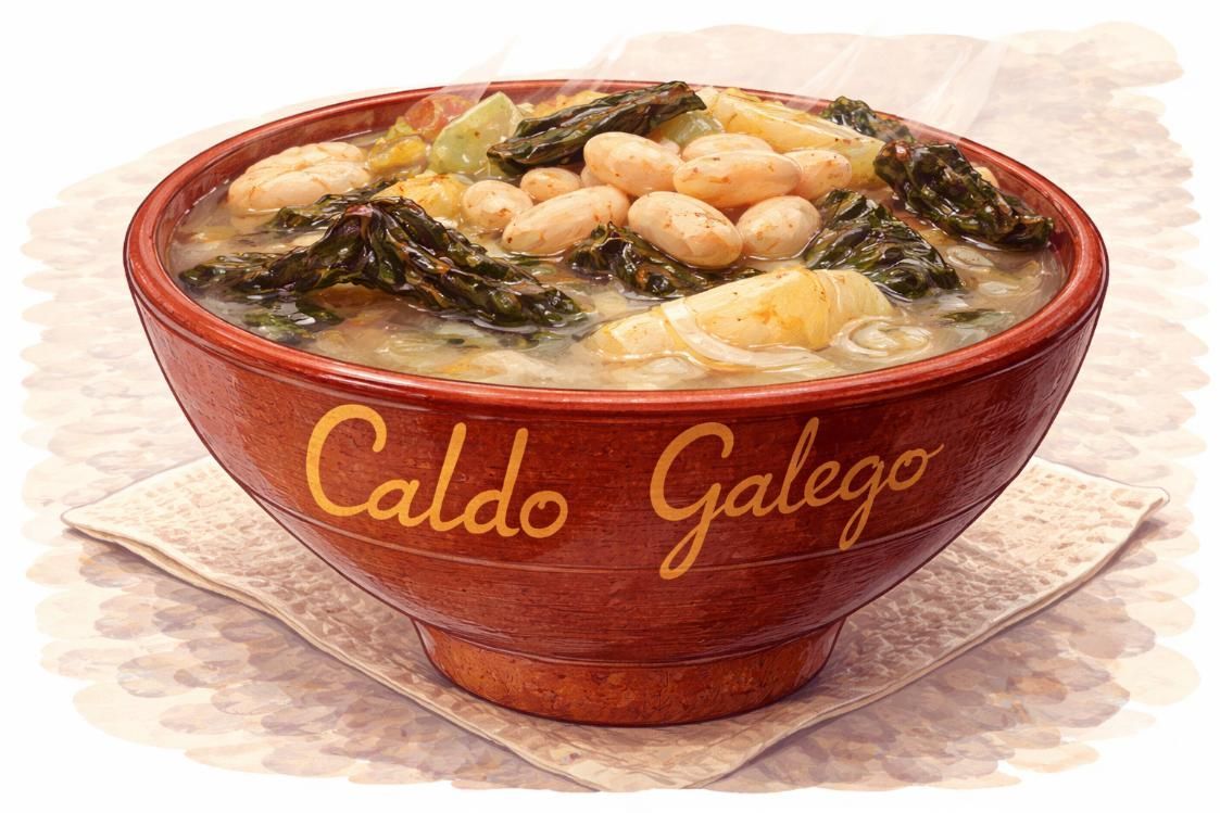Un tazón de sopa Caldo Gallego, con alubias blancas, verduras de hoja verde y patatas, servido en un tazón rústico