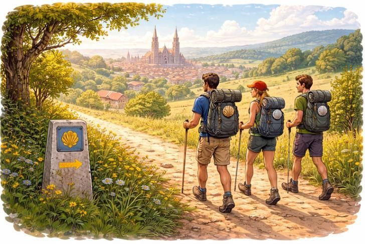 Tres excursionistas con mochilas y bastones de senderismo caminan por un sendero del camino de santiago