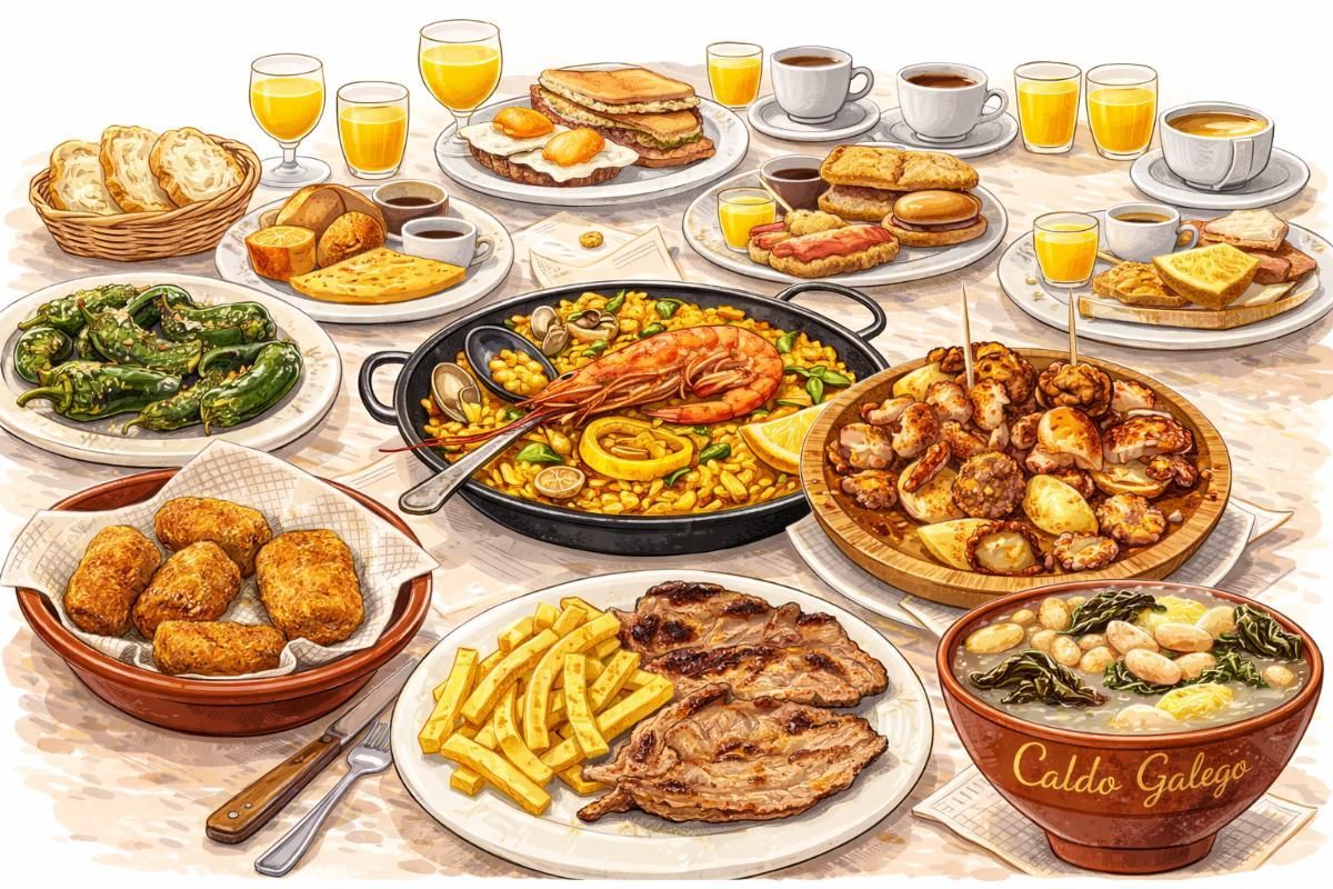 Una mesa cubierta con una variedad de platos, incluyendo paella, caldo gallego, tapas, aperitivos fritos y desayuno.
