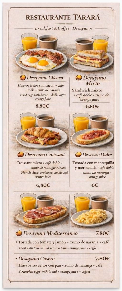 Menú del Restaurante Tarará, con diversas opciones de desayuno, precios y fotos de la comida y las bebidas.