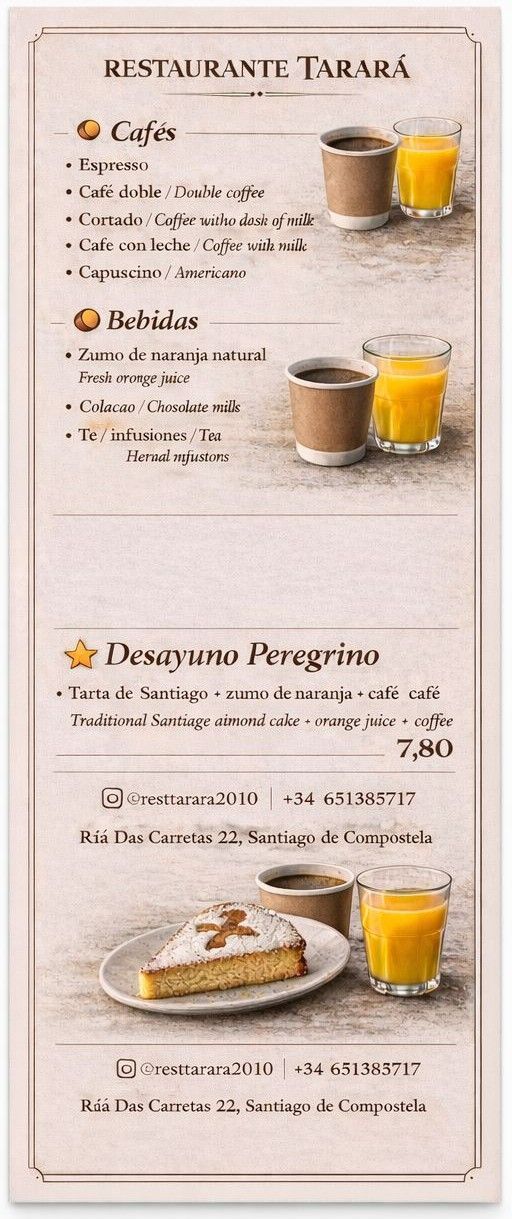 Menú del Restaurante Tabara que incluye café, bebidas y un desayuno de peregrino con pastel y jugo.