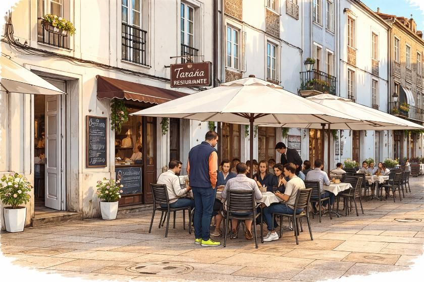Gente cenando al aire libre en mesas bajo grandes sombrillas blancas frente a un restaurante en una calle empedrada.