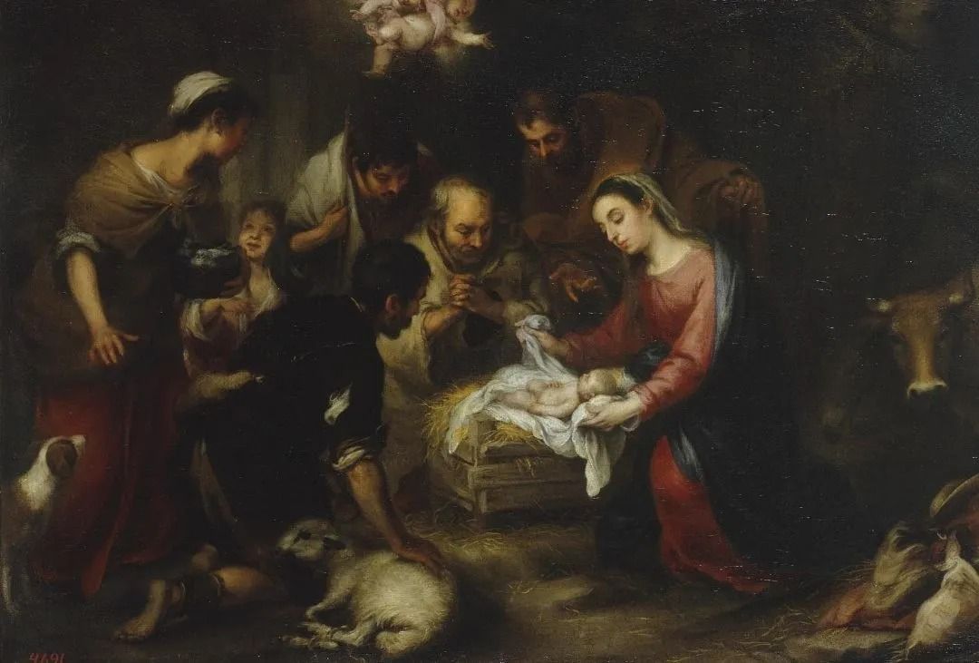 Una pintura de un belén con personas y animales.