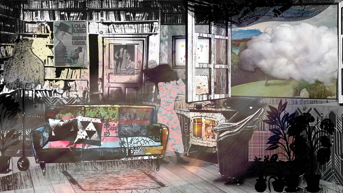 Interior de habitación colorido y estilizado con una figura cerca de una ventana que da a un paisaje con una gran nube.