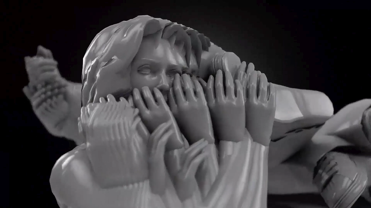 Escultura del rostro y la parte superior del cuerpo de una mujer, mayormente oscurecida por múltiples manos