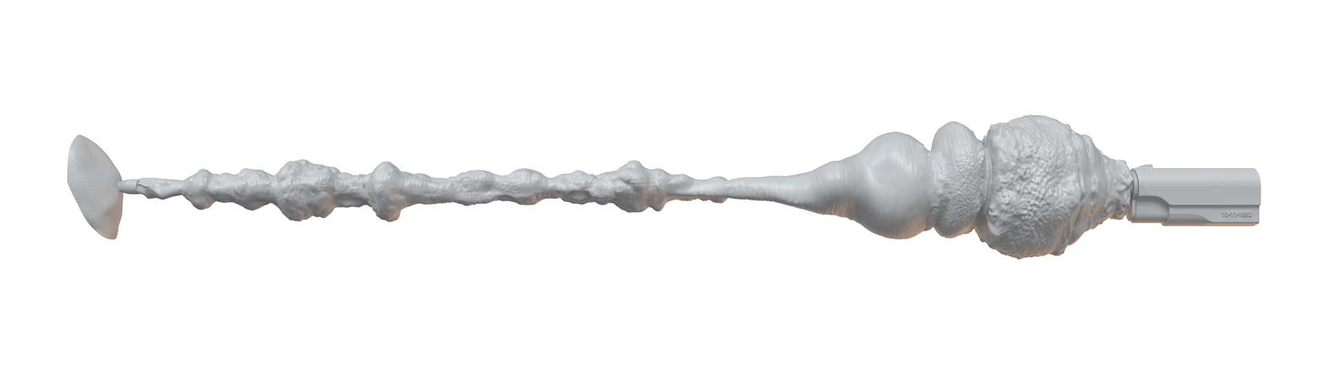 Una varita estilizada, ondulada y de color gris claro con un disco en un extremo.