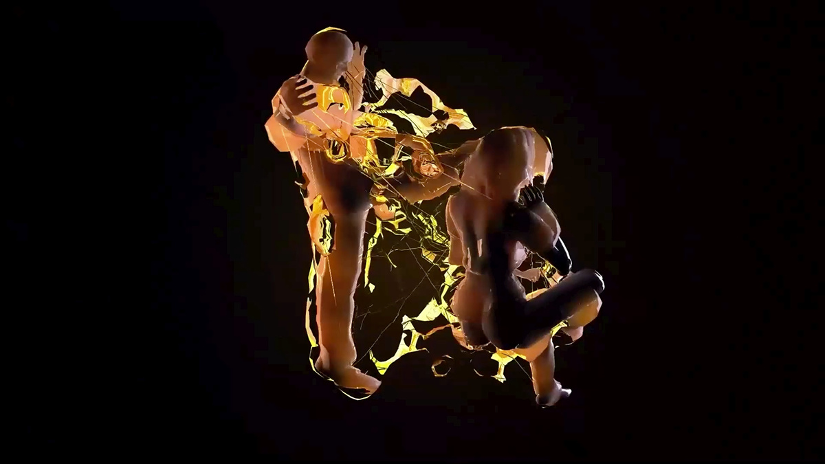 Dos figuras formadas a partir de líquido ámbar, una erguida y la otra agachada, sobre un fondo negro.