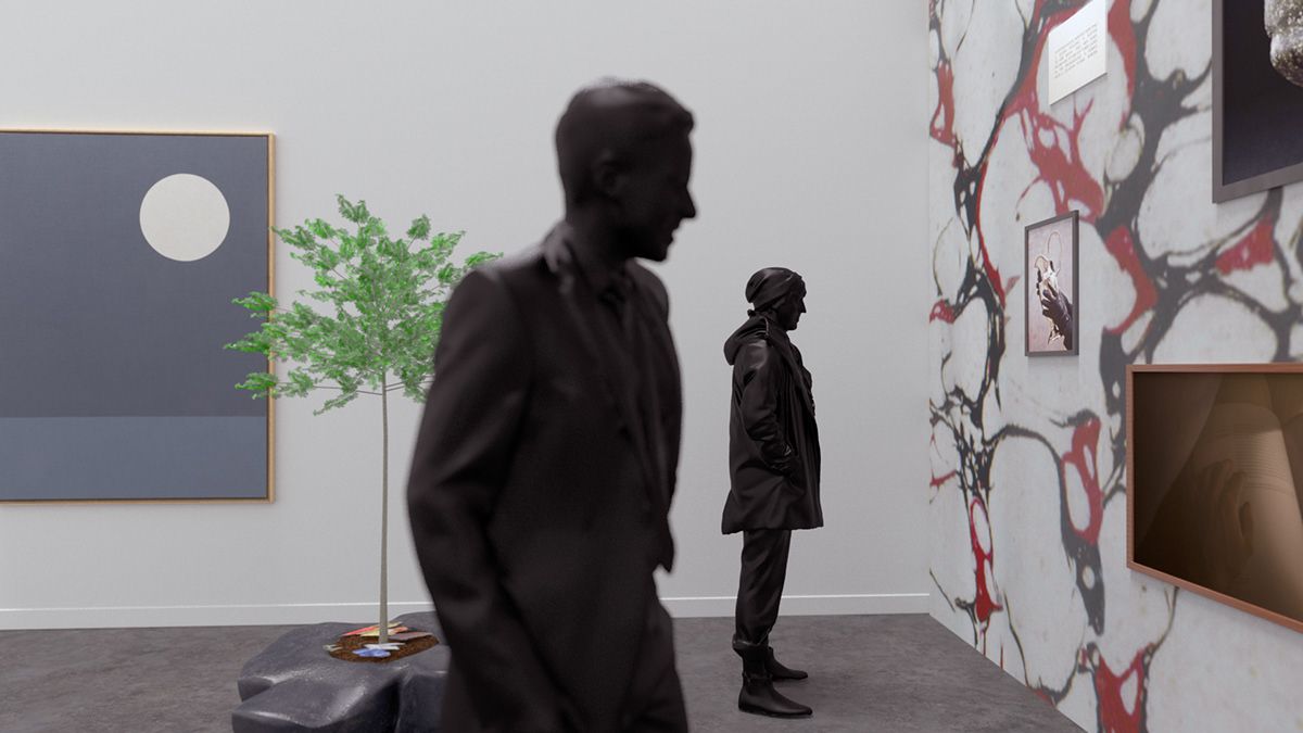 Figuras en una galería, admirando obras de arte. Pinturas en las paredes, un pequeño árbol y una estética moderna.