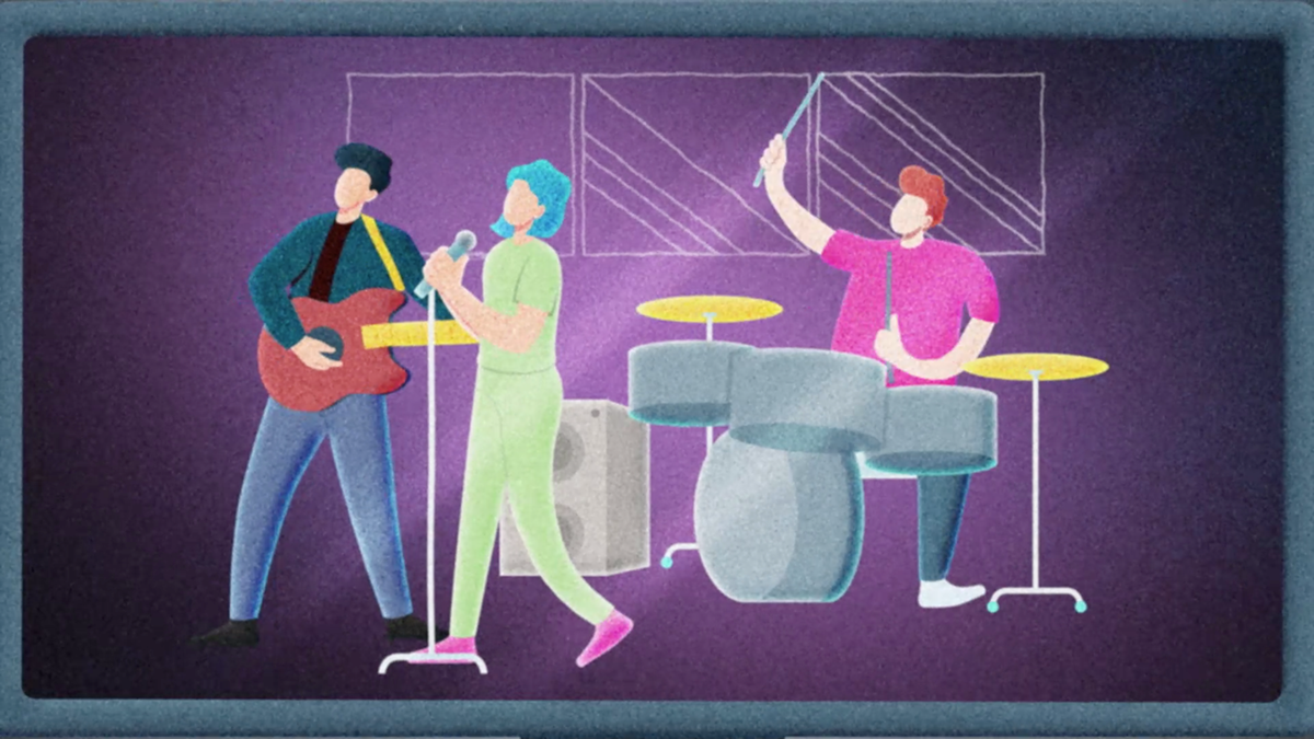 Banda de tres personas actuando: guitarrista, cantante y baterista, frente a un fondo esbozado.