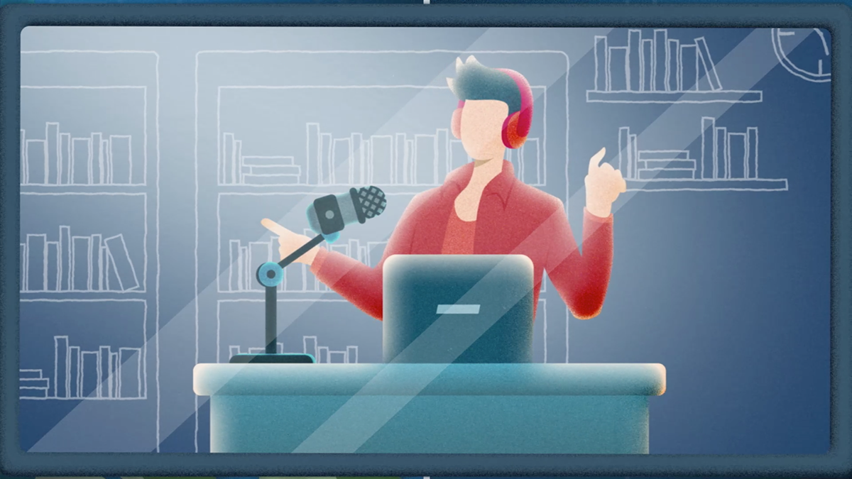 Una persona con auriculares graba un podcast con un micrófono y una computadora portátil en una biblioteca doméstica.