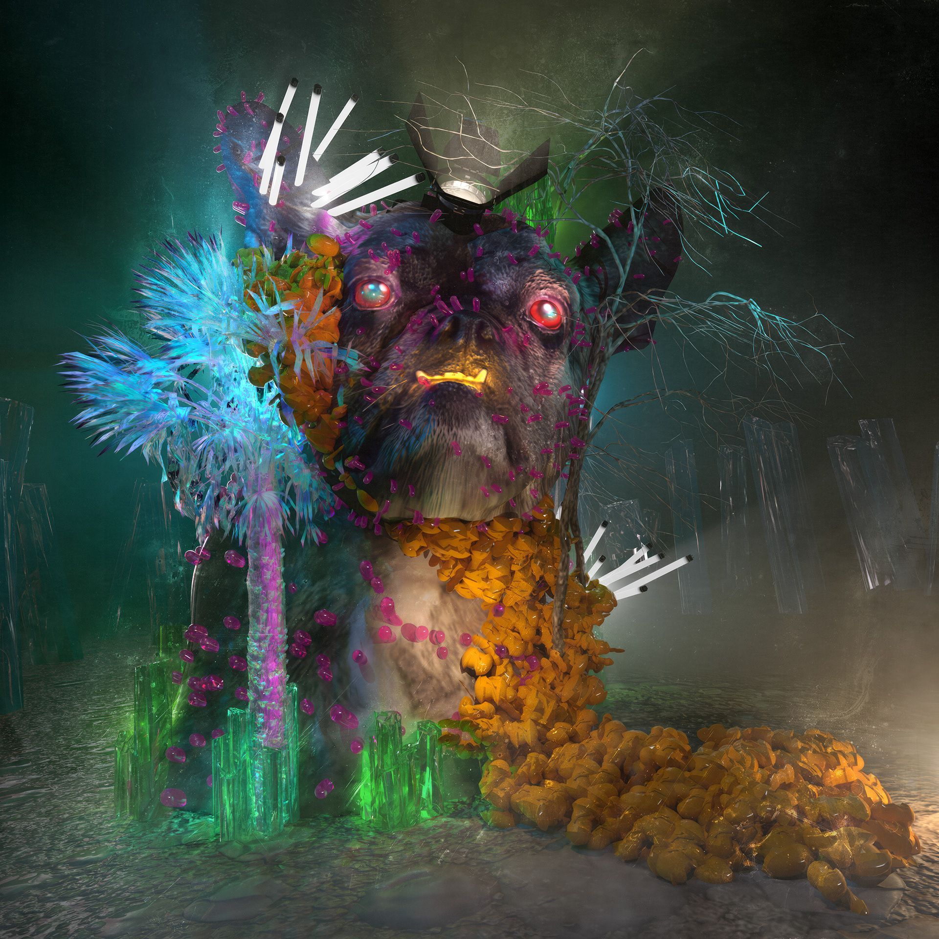 Una escultura surrealista de bulldog con flora colorida emergiendo de su pelaje, ambientada en un entorno místico.