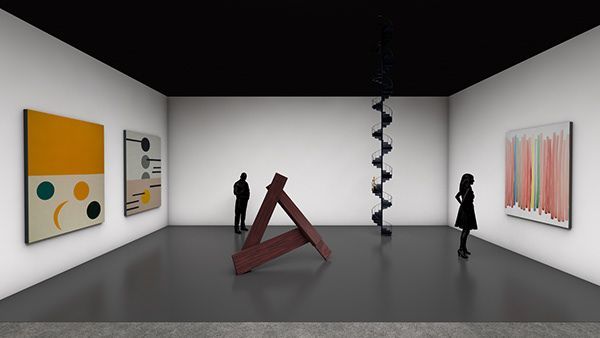 Interior de galería de arte con pinturas abstractas, esculturas y personas.