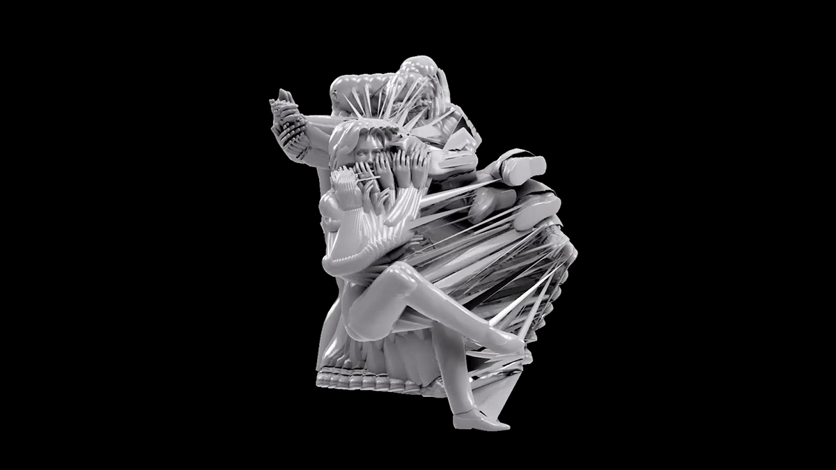 Escultura abstracta en escala de grises; figura reclinada sobre una base texturizada en capas; brazo levantado.