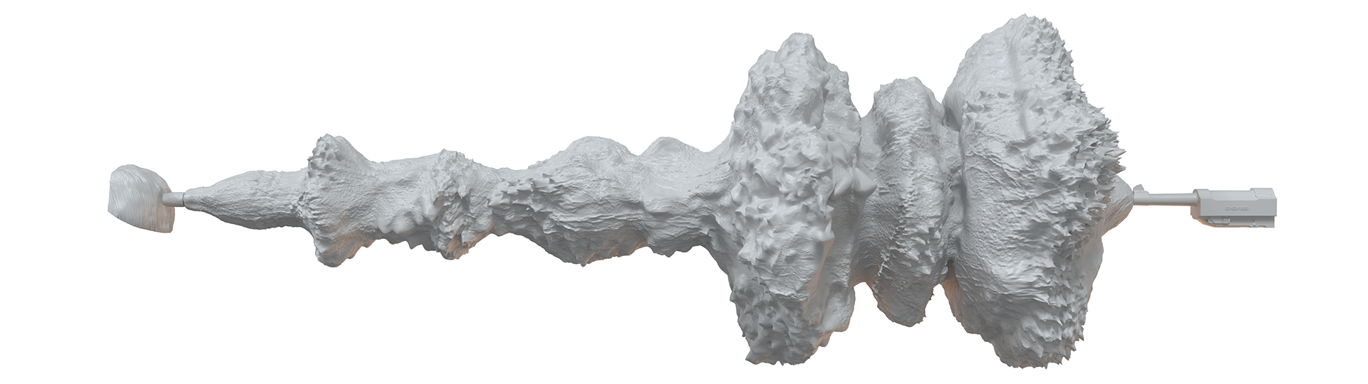 Una barrena de metal con un eje central en espiral, recubierto de material gris, descansa sobre un fondo blanco.