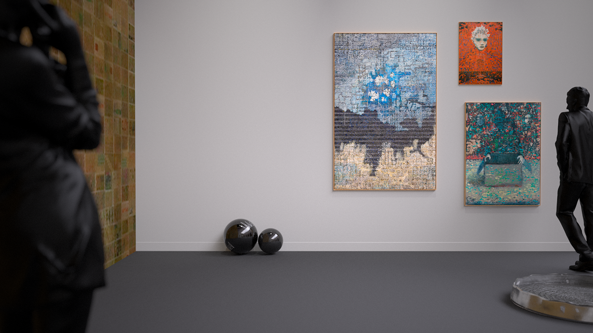 Escena de galería de arte: Figuras observando pinturas abstractas sobre una pared blanca y un suelo oscuro.