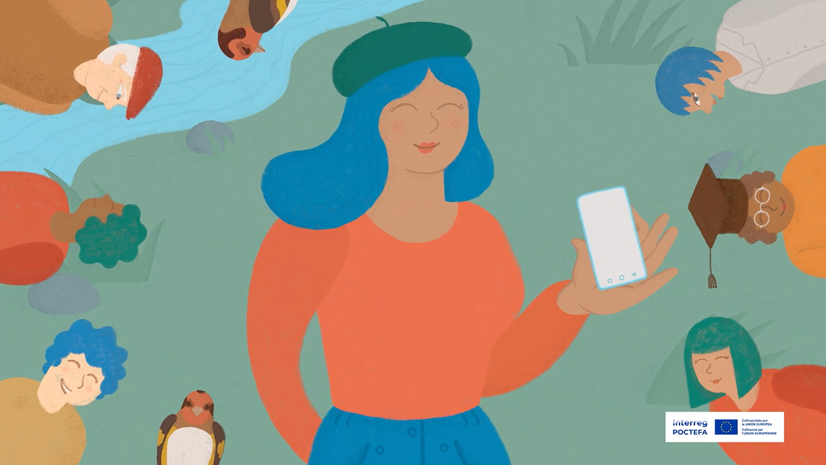 Mujer de cabello azul sosteniendo un teléfono, rodeada de gente tumbada en el césped. Estilo caricatura.