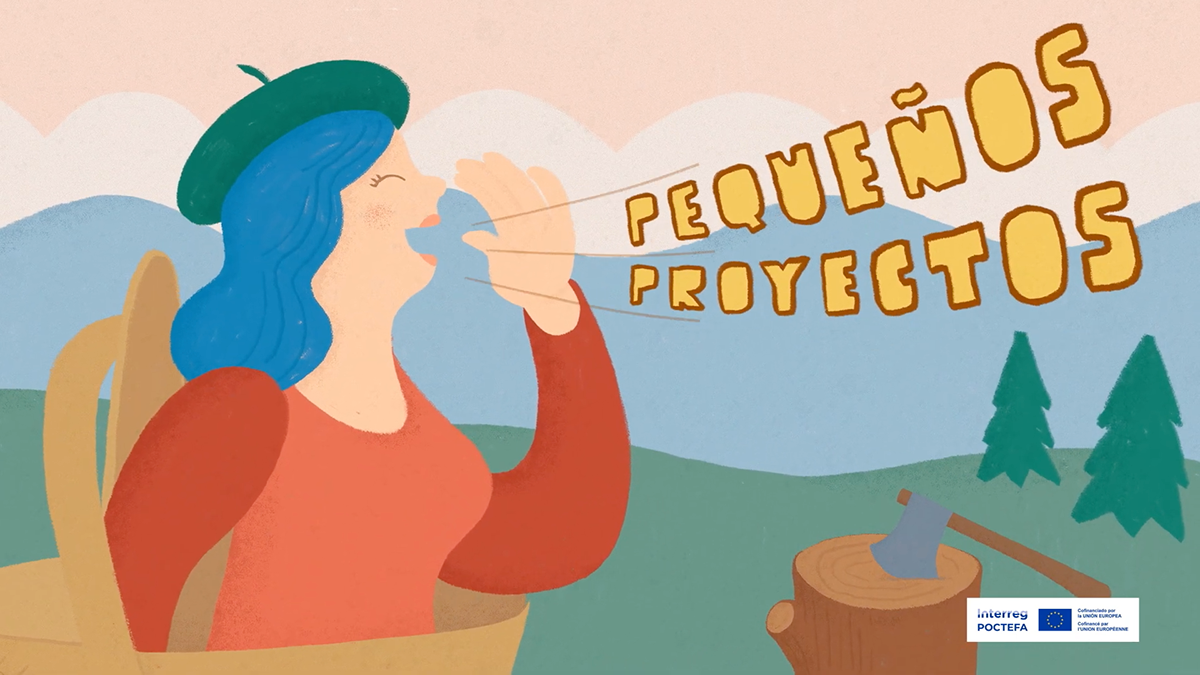 Mujer de cabello azul con boina, sonriendo, soplando en un globo de diálogo 