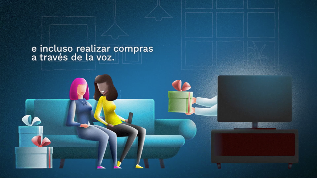 Dos mujeres en un sofá con regalos. Una mano entrega un regalo desde un televisor. Fondo azul.