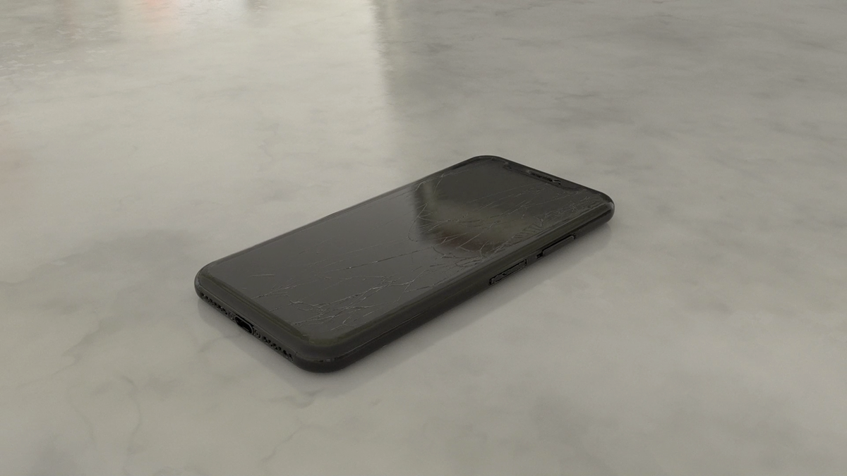 Teléfono inteligente negro sobre una superficie blanca reflectante.