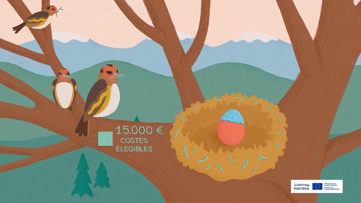 Pájaros con un nido que contiene un huevo colorido, árboles, montañas y el texto 