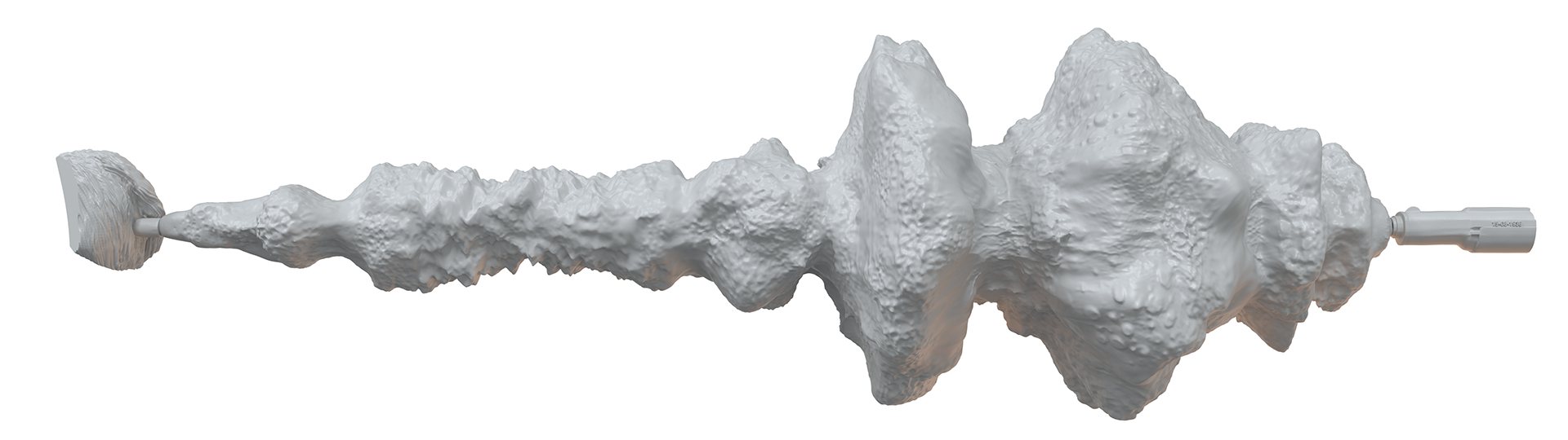 Un objeto gris y texturizado con múltiples protuberancias y crestas, parecido a un arma extraña.