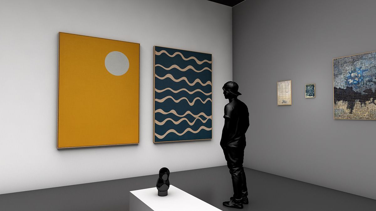 Hombre contemplando arte en una galería. Pinturas amarillas y azules en la pared. Una escultura sobre un pedestal.