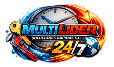 Logotipo de Multilider 24/7 con reloj y llave inglesa roja y azul en un diseño llamativo de color azul, naranja y negro.