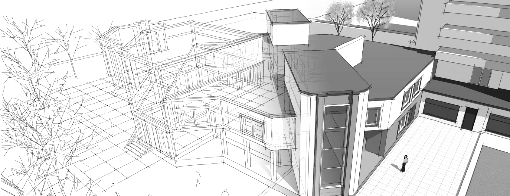 Croquis architectural d'un bâtiment moderne avec des arbres et un paysage urbain en arrière-plan.