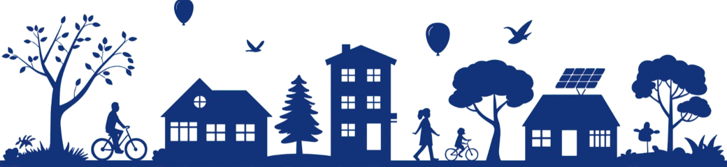 Silhouette d'une ville avec des maisons, des arbres, des gens à vélo/à pied, des ballons et des oiseaux.