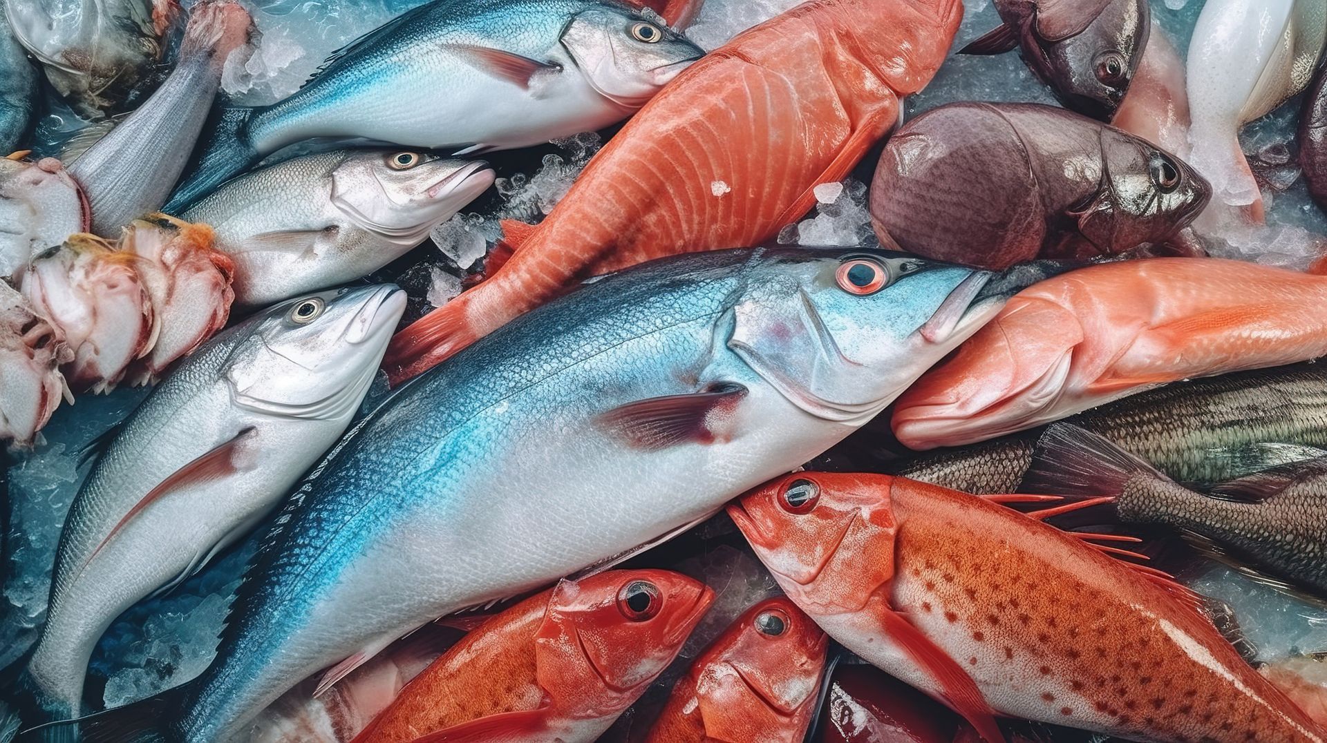 Diversos peces de colores en el hielo en un mercado, incluidas variedades rojas, azules y plateadas.