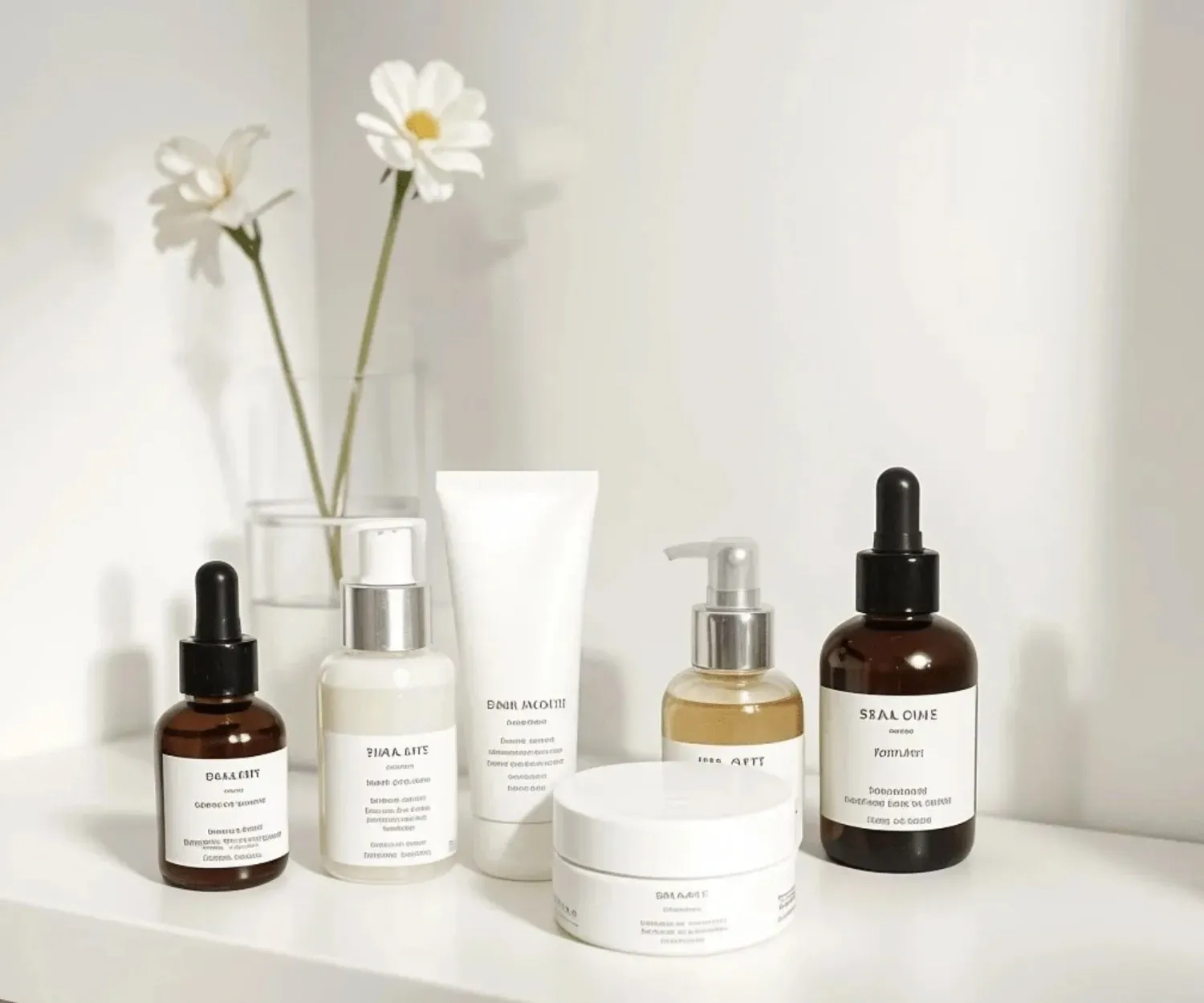 Productos para el cuidado de la piel en botellas blancas y marrones en un estante con un jarrón de flores.