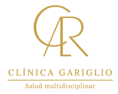 Logotipo de Cl&iacute;nica Gariglio: monograma "CR" sobre texto "Cl&iacute;nica Gariglio, Salud multidisciplinar" en dorado.