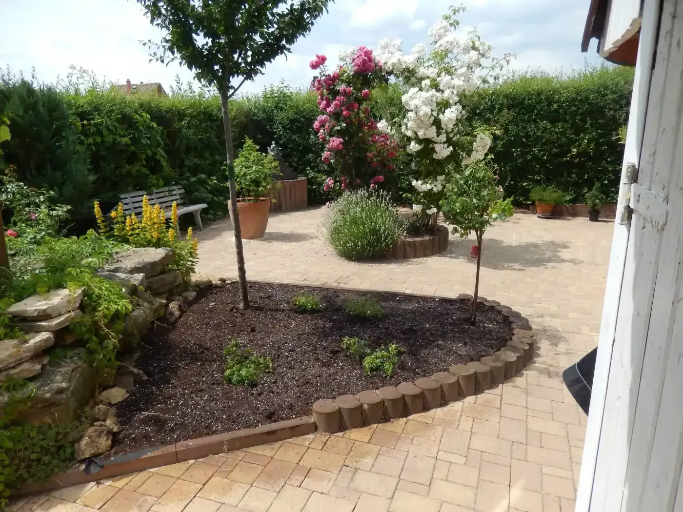 Ein Garten mit Blumen und einer Bank im Hintergrund