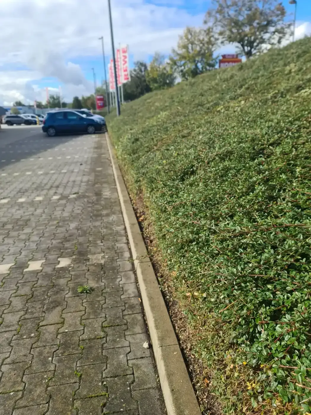 Ein Auto ist am Straßenrand neben einem grasbewachsenen Hügel geparkt.