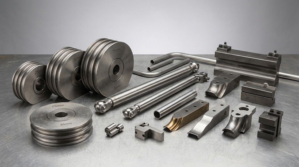 Zylindrisches, bearbeitetes Metallteil mit abgeschrägter Oberseite und Bolzenlöchern auf dunkler Oberfläche