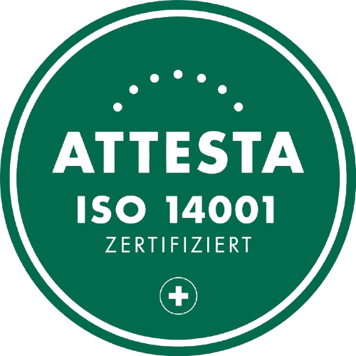 Grünes, rundes ATTESTA ISO 14001-Zertifizierungsabzeichen mit weisser Schrift und weissem Rand