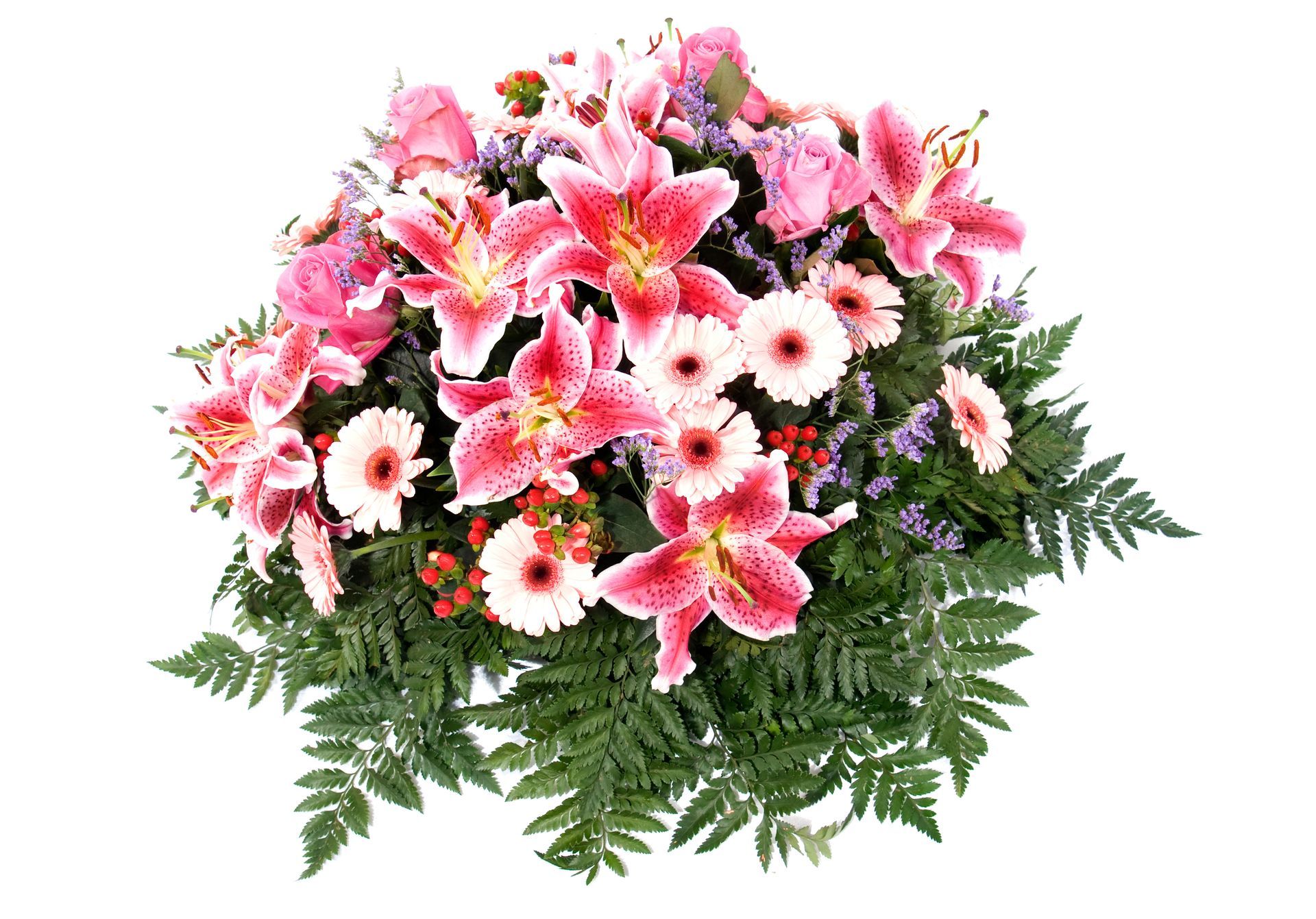 Photo de fleurs de deuil roses et de fougères