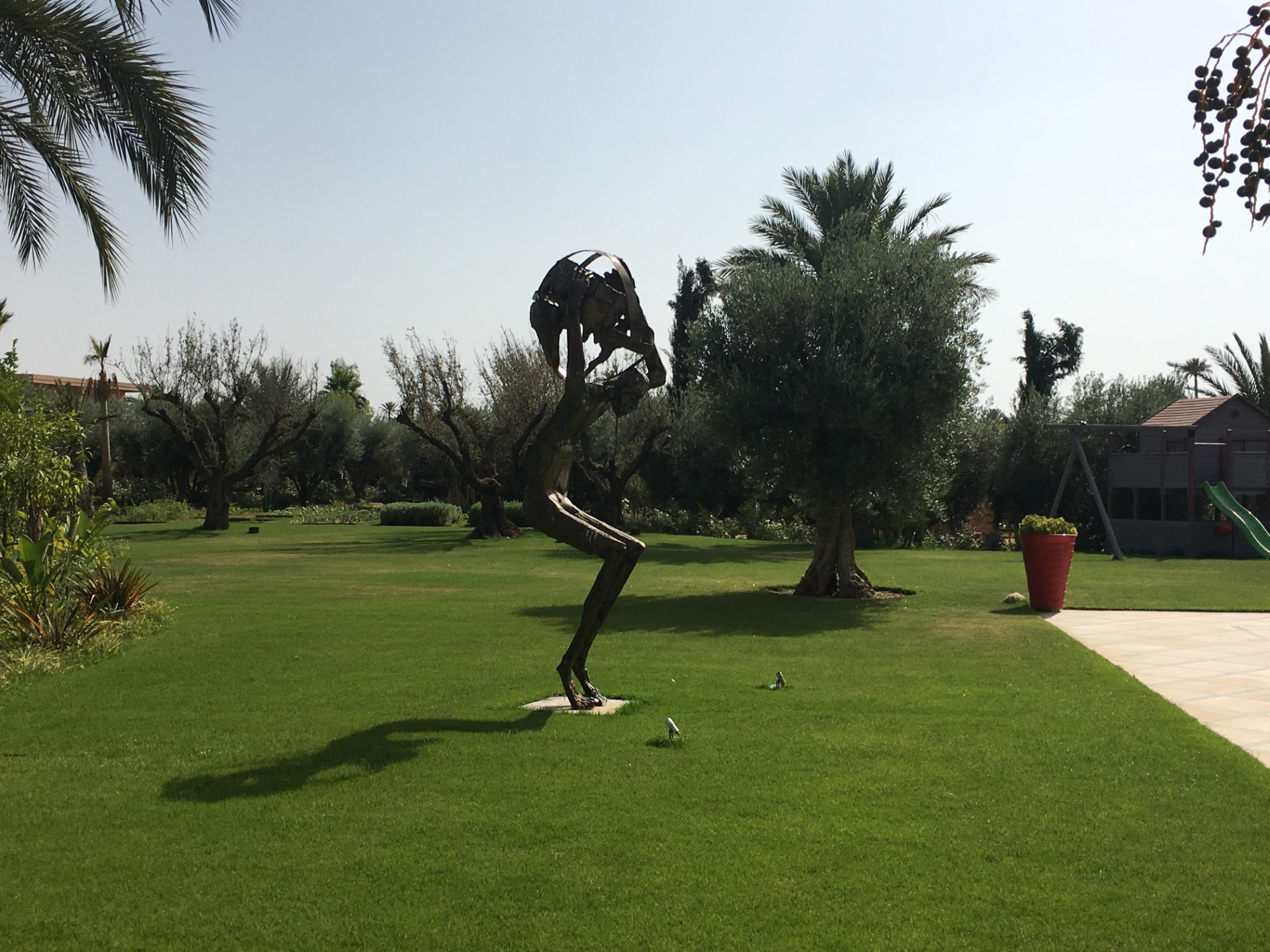 Une paisible terrasse à l'arrière d'une maison avec piscine, pelouse verdoyante,.