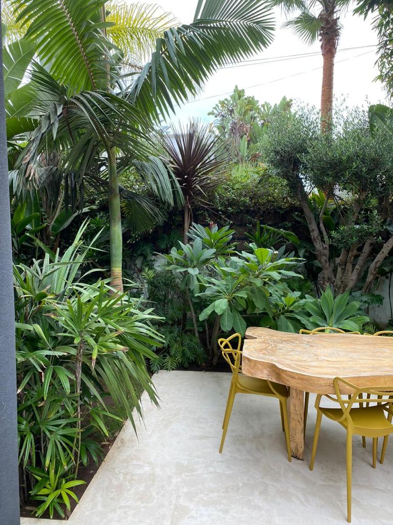 Une paisible terrasse à l'arrière d'une maison avec piscine, pelouse verdoyante,.