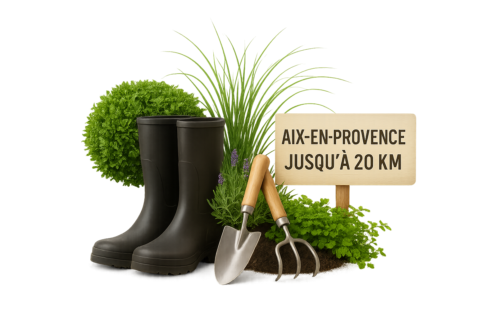 Bottes de jardinage noires, outils et verdure à côté d'un panneau en bois indiquant « Aix-en-Provence jusqu'à 20 km ».