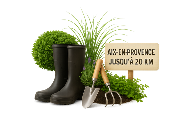 Bottes de jardinage noires, outils et verdure à côté d'un panneau en bois indiquant « Aix-en-Provence jusqu'à 20 km ».